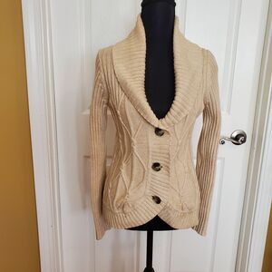 GH Bass Heritage Beige Shawl Collar All Cotton Cable Knit Cardigan Womens SMALL